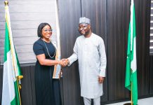 FG Strengthens Coordination, Expands Social Protection Efforts to Address Poverty and Humanitarian Challenges The Honourable Minister of Humanitarian Affairs and Poverty Reduction.Dr. Bernard M. Doro in a handshake with the leader of the delegation the CEO. Enhancing Financial Inclusion and Advancement (EFInA) Foyinsolami Akinjayeju during the visit.