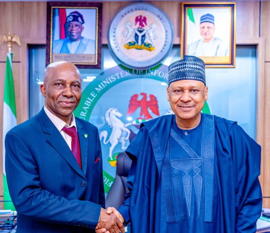 (R–L) The Honourable Minister of Information and National Orientation, Mohammed Idris, fnipr, and Chairman/Chief Executive Officer, Office of the Tax Ombud Nigeria, Dr. John C. Nwabueze, during a courtesy visit by the latter to the Honourable Minister in Abuja. Photo: Khalid Ahmed/FMINO