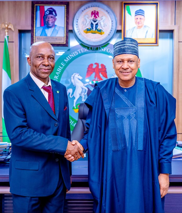 S88_8003 (R–L) The Honourable Minister of Information and National Orientation, Mohammed Idris, fnipr, and Chairman/Chief Executive Officer, Office of the Tax Ombud Nigeria, Dr. John C. Nwabueze, during a courtesy visit by the latter to the Honourable Minister in Abuja. Photo: Khalid Ahmed/FMINO