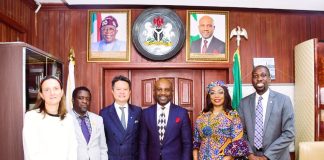 Hon. Minister of Innovation, Science and Technology, FMIST, Dr. Kingsley Tochukwu Udeh, SAN, (3rd right) Director-General, World Intellectual Property Organization (WIPO) Mr. Daren Tang (3rd left) Permanent Secretary, Federal Ministry of Innovation, Science and Technology Dr. Mukhtar Yawale Muhammad, mni (2nd left) Director, Human Resources Division, WIPO, Ms. Adelaide Barbier (left) Director, Division for Africa, WIPO, Ms. Asiedu (2nd right) and Director, WIPO, Nigeria office, WIPO, Mr. Moody Oluwatobiloba (right) during the visit.