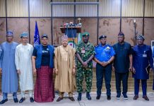 (L–R) National Public Relations Officer (NPRO), Nigeria Customs Service (NCS), Assistant Comptroller Abdullahi Aliyu Maiwada; Director-General, Federal Radio Corporation of Nigeria (FRCN), Dr. Mohammed Bulama; Director of Legal Services, Office of the National Security Adviser (ONSA), Zakari Mijinyawa; Permanent Secretary, Federal Ministry of Information and National Orientation, Dr. Binyerem Chigbonwu Ukaire; the Honourable Minister of Information and National Orientation, Mohammed Idris, fnipr; Director of Defence Intelligence, Major General Samaila Uba; Force Public Relations Officer, DCP Anthony Okon Placid, mni, mnipr; Special Adviser to the President on Media and Public Communications, Mr. Sunday Dare; Senior Special Assistant to the President on Media and Special Duties, Mr. Tunde Rahman; and Senior Special Assistant to the President on Public Engagement, Mr. Fredrick Nwabufo, shortly after a press briefing by the Honourable Minister on pressing national issues, held on June 4, 2026, in Abuja. Photo: Khalid Ahmed/FMINO.