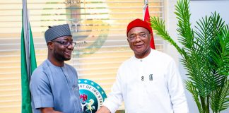 L-R Hon. Minister of Humanitarian Affairs and Poverty Reduction, Dr. Bernard M. Doro and Executive Governor of Imo State, Senator Hope Odidika Uzodinma, CON. During the HON. MINISTER's VISIT TO IMO STATE FOR STAKEHOLDERS ENGAGEMENTS &. INTERACTION WITH BENEFICIARIES OF HOUSEHOLD PROSPERITY & EMPOWERMENT CASH TRANSFER PROGRAM (HOPE-CT)