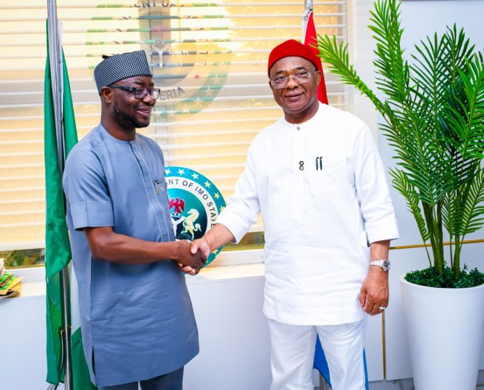 L-R Hon. Minister of Humanitarian Affairs and Poverty Reduction, Dr. Bernard M. Doro and Executive Governor of Imo State, Senator Hope Odidika Uzodinma, CON. During the HON. MINISTER's VISIT TO IMO STATE FOR STAKEHOLDERS ENGAGEMENTS &. INTERACTION WITH BENEFICIARIES OF HOUSEHOLD PROSPERITY & EMPOWERMENT CASH TRANSFER PROGRAM (HOPE-CT)