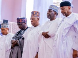 The Honourable Minister of Information and National Orientation, Mohammed Idris, fnipr, joined the Vice President of the Federal Republic of Nigeria, Senator Kashim Shettima, and other dignitaries in a special Juma’at prayer held to commemorate Nigeria’s 27th Democracy Day anniversary on June 5, 2026. The prayer session offered an opportunity for thanksgiving, reflection, and supplication for continued peace, unity, and democratic progress in the country. Photo: Khalid Ahmed/FMINO.