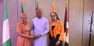 The Honourable Minister of Interior, Dr. Olubunmi Tunji-Ojo (middle); Senior Adviser to the Honeywell Group, Mrs. Oluywayemisi Busari, (left) and Group’s Chief Operating Officer, Ms. Tomi Otudeko, (right) in a photograph during the courtesy visit