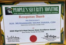 Governor Inuwa Yahaya Receives National Security Leadership Honour, as Gombe Wins 2026 Nigeria’s Most Secure State Excellence Award