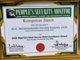 Governor Inuwa Yahaya Receives National Security Leadership Honour, as Gombe Wins 2026 Nigeria’s Most Secure State Excellence Award