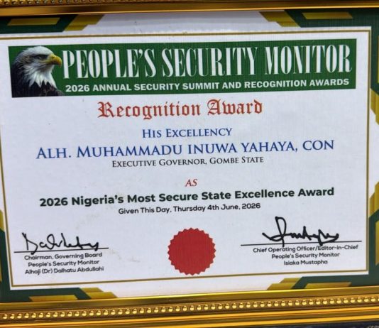 Governor Inuwa Yahaya Receives National Security Leadership Honour, as Gombe Wins 2026 Nigeria’s Most Secure State Excellence Award