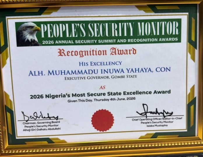 IMG-20260607-WA0136 Governor Inuwa Yahaya Receives National Security Leadership Honour, as Gombe Wins 2026 Nigeria’s Most Secure State Excellence Award