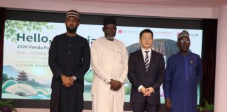 The Permanent Secretary FMACTCE Abdulkarim Ozi Ibrahim flank by the Director-General of the National Gallery of Art, Mr Ahmed Sodangi, the Chinese Ambassador to Nigeria, H.E Yu Dunhai and Mr Yohanna Ayaku Envadu, Director, Bilateral Cultural Relations FMACTCE, today at the Panda Painting Interactive session in Abuja.