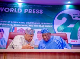 The Honourable Minister of Information and National Orientation, Mohammed Idris, fnipr, and the Secretary to the Government of the Federation and Chairman of the Inter-Ministerial Committee on Nigeria’s 27th Democracy Day Celebration, Senator George Akume, CON, addressed a World Press Conference ahead of the 2026 Democracy Day celebrations. The briefing highlighted activities lined up for the commemoration and underscored the Federal Government’s commitment to strengthening democratic governance, national unity, and citizen engagement. Photo: Khalid Ahmed/FMINO.