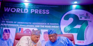 The Honourable Minister of Information and National Orientation, Mohammed Idris, fnipr, and the Secretary to the Government of the Federation and Chairman of the Inter-Ministerial Committee on Nigeria’s 27th Democracy Day Celebration, Senator George Akume, CON, addressed a World Press Conference ahead of the 2026 Democracy Day celebrations. The briefing highlighted activities lined up for the commemoration and underscored the Federal Government’s commitment to strengthening democratic governance, national unity, and citizen engagement. Photo: Khalid Ahmed/FMINO.