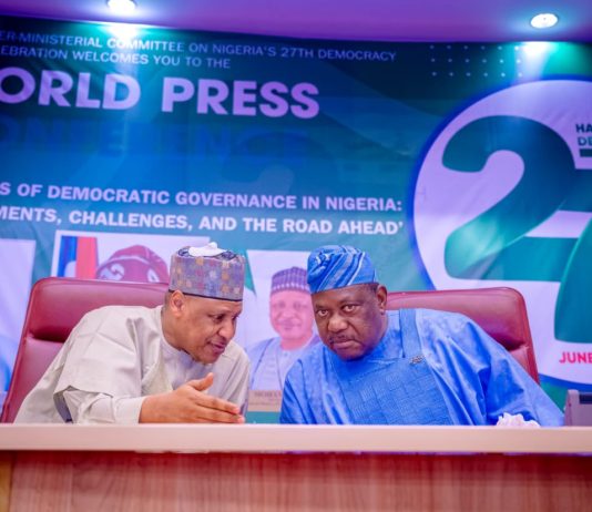 The Honourable Minister of Information and National Orientation, Mohammed Idris, fnipr, and the Secretary to the Government of the Federation and Chairman of the Inter-Ministerial Committee on Nigeria’s 27th Democracy Day Celebration, Senator George Akume, CON, addressed a World Press Conference ahead of the 2026 Democracy Day celebrations. The briefing highlighted activities lined up for the commemoration and underscored the Federal Government’s commitment to strengthening democratic governance, national unity, and citizen engagement. Photo: Khalid Ahmed/FMINO.