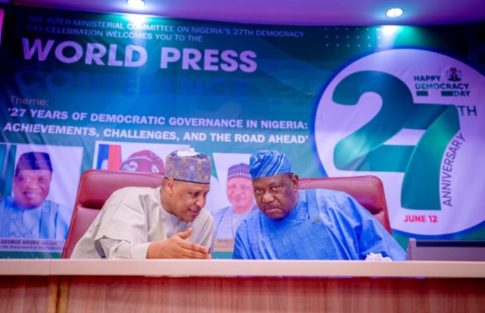 The Honourable Minister of Information and National Orientation, Mohammed Idris, fnipr, and the Secretary to the Government of the Federation and Chairman of the Inter-Ministerial Committee on Nigeria’s 27th Democracy Day Celebration, Senator George Akume, CON, addressed a World Press Conference ahead of the 2026 Democracy Day celebrations. The briefing highlighted activities lined up for the commemoration and underscored the Federal Government’s commitment to strengthening democratic governance, national unity, and citizen engagement. Photo: Khalid Ahmed/FMINO.