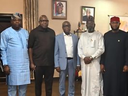 3rd L: RMAFC Chairman, Dr Mohammed Bello Shehu, OFR; 4th L: Executive Secretary, Joint Revenue Board, Mr Olusegun Adesokan; 1st L: Chairman Inland Revenue Monitoring Committee, Hon. Daniel Kolade Abimbola (FC Oyo State); 2nd R: Vice Chairman, Inland Revenue Monitoring Committee, Hon. Abubakar Wamakko (FC Oyo State); 1st R: Secretary to the Commission, Engr. Joseph Okechukwu Nwaeze during the Courtesy visit of the Joint Revenue Board to the Commission on 9th June, 2026.