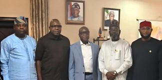 3rd L: RMAFC Chairman, Dr Mohammed Bello Shehu, OFR; 4th L: Executive Secretary, Joint Revenue Board, Mr Olusegun Adesokan; 1st L: Chairman Inland Revenue Monitoring Committee, Hon. Daniel Kolade Abimbola (FC Oyo State); 2nd R: Vice Chairman, Inland Revenue Monitoring Committee, Hon. Abubakar Wamakko (FC Oyo State); 1st R: Secretary to the Commission, Engr. Joseph Okechukwu Nwaeze during the Courtesy visit of the Joint Revenue Board to the Commission on 9th June, 2026.