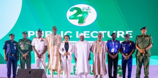 (M) Secretary to the Government of the Federation, Sen. George Akume, CON, (to his left) the Head of the Civil Service of the Federation, Mrs. Didi Esther Walson-Jack, OON, Director-General of the National Institute for Policy and Strategic Studies (NIPSS), Prof. Ayo Omotayo, in a group photograph with Service Chiefs during the 27th Democracy Anniversary Public Lecture at the State House Banquet Hall, Abuja.