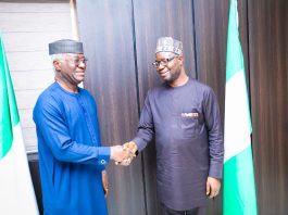 L- R: The leader of the delegation, Sen. Dr.Eze D. Ajoku and the Honourable Minister of Humanitarian Affairs and Poverty Reduction. Dr. Bernard M.Doro in a warm handshake when COSROPIN visited the Honourable Minister in his office.