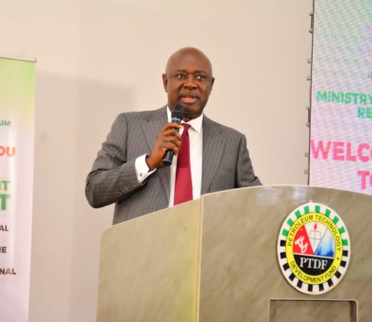 Minister of State for Petroleum Resources (Oil), Senator Heineken Lokpobiri, delivering his keynote address at the Management Retreat of the Ministry of Petroleum Resources