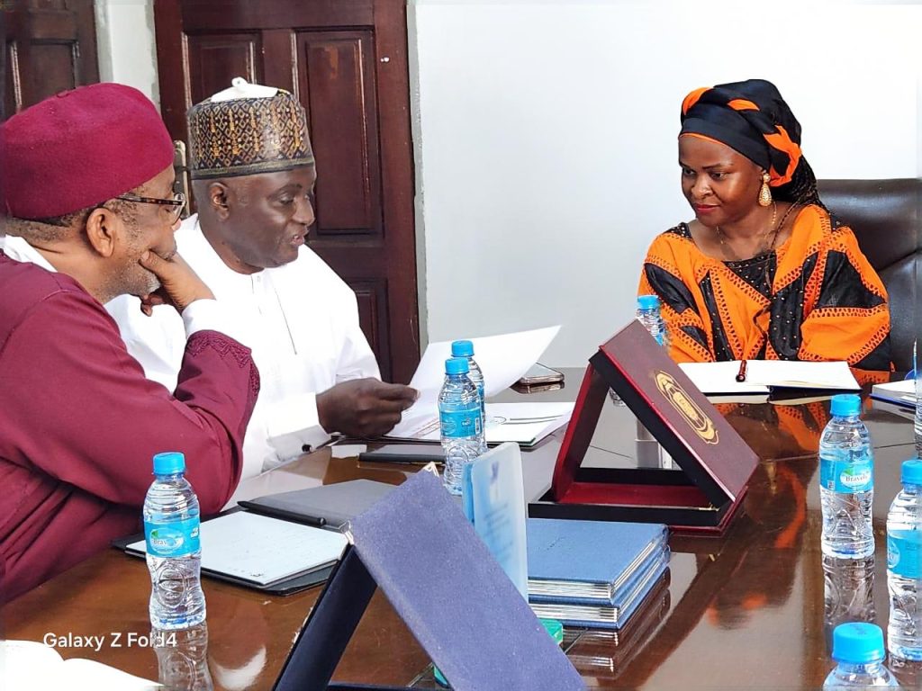 *DG/CEO, Nigerian Technical Aid Corps (NTAC), Rt. Hon. Yusuf Buba Yakub* (middle), flanked by the *Minister of Technical and Higher Education of Sierra Leone, Dr. Haja Ramatulai Wurie* (left), and *NTAC Director of Programmes, Ambassador Bello A. Jaye* (right), during a bilateral engagement visit in Freetown.