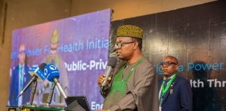 Dr Iziaq Adekunle Salako Honourable Minister of State for Health and Social Welfare delivering his keynote address at the National Healthcare Electrification Investor Matchmaking Forum, held in Lagos.