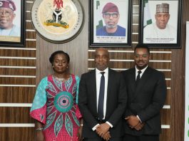 R-L: The Director IPMT, Dr. Esther Nkechi Udo represented the Permanent Secretary of Solid Minerals Development Engr. Faruk Yusuf Yabo FNSE at the pre-event press briefing in preparation for the upcoming 5th edition of the 2026 AFNIS.The next person in the picture is Mr. Martins Imonite, M.D/CEO Nigeria Solid Minerals Company. He represented the Honorable Minister of Solid Minerals Development, Dr. Dele Alake at the event. Followed by the representative of Core International, Archibald Troko, Director, strategy, and platform development. The event took place on the 17th of June, 2026, in the Honorable Minister's Conference Room, Abuja.