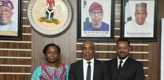 R-L: The Director IPMT, Dr. Esther Nkechi Udo represented the Permanent Secretary of Solid Minerals Development Engr. Faruk Yusuf Yabo FNSE at the pre-event press briefing in preparation for the upcoming 5th edition of the 2026 AFNIS.The next person in the picture is Mr. Martins Imonite, M.D/CEO Nigeria Solid Minerals Company. He represented the Honorable Minister of Solid Minerals Development, Dr. Dele Alake at the event. Followed by the representative of Core International, Archibald Troko, Director, strategy, and platform development. The event took place on the 17th of June, 2026, in the Honorable Minister's Conference Room, Abuja.