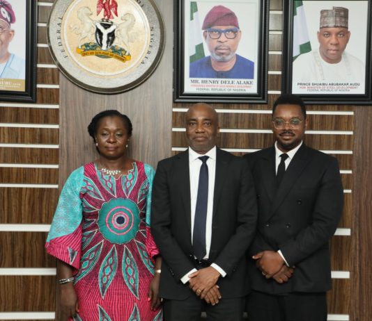 R-L: The Director IPMT, Dr. Esther Nkechi Udo represented the Permanent Secretary of Solid Minerals Development Engr. Faruk Yusuf Yabo FNSE at the pre-event press briefing in preparation for the upcoming 5th edition of the 2026 AFNIS.The next person in the picture is Mr. Martins Imonite, M.D/CEO Nigeria Solid Minerals Company. He represented the Honorable Minister of Solid Minerals Development, Dr. Dele Alake at the event. Followed by the representative of Core International, Archibald Troko, Director, strategy, and platform development. The event took place on the 17th of June, 2026, in the Honorable Minister's Conference Room, Abuja.