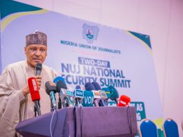 The Honourable Minister of Information and National Orientation, Mohammed Idris, fnipr, delivers his address as Chairman of the Occasion and Chief Host at the National Security Summit organised by the Nigeria Union of Journalists (NUJ) in collaboration with the Department of State Services (DSS) on June 18, 2026, at the Abuja Continental Hotel, Abuja. The Minister emphasized the need for stronger collaboration between the media and security agencies, describing both institutions as critical partners in nation-building. He also highlighted the Federal Government’s commitment to enhancing national security through strategic communication, responsible journalism, and sustained stakeholder engagement. Photo: Khalid Ahmed/FMINO.