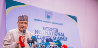 The Honourable Minister of Information and National Orientation, Mohammed Idris, fnipr, delivers his address as Chairman of the Occasion and Chief Host at the National Security Summit organised by the Nigeria Union of Journalists (NUJ) in collaboration with the Department of State Services (DSS) on June 18, 2026, at the Abuja Continental Hotel, Abuja. The Minister emphasized the need for stronger collaboration between the media and security agencies, describing both institutions as critical partners in nation-building. He also highlighted the Federal Government’s commitment to enhancing national security through strategic communication, responsible journalism, and sustained stakeholder engagement. Photo: Khalid Ahmed/FMINO.