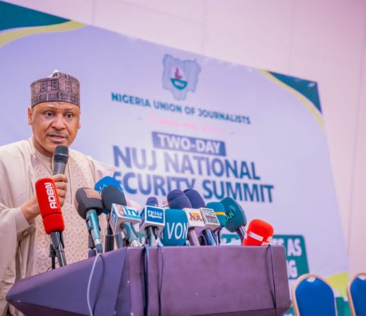 The Honourable Minister of Information and National Orientation, Mohammed Idris, fnipr, delivers his address as Chairman of the Occasion and Chief Host at the National Security Summit organised by the Nigeria Union of Journalists (NUJ) in collaboration with the Department of State Services (DSS) on June 18, 2026, at the Abuja Continental Hotel, Abuja. The Minister emphasized the need for stronger collaboration between the media and security agencies, describing both institutions as critical partners in nation-building. He also highlighted the Federal Government’s commitment to enhancing national security through strategic communication, responsible journalism, and sustained stakeholder engagement. Photo: Khalid Ahmed/FMINO.