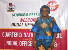 The Ag. National Coordinator/CEO of the SERVICOM Office, Mrs. Helen Lawal poses for a photograph during the 2nd Quarter National Council of Nodal Officers Meeting at the Conference Hall of the Federal Capital Development Administration (FCDA), Abuja, on 18th June 2026