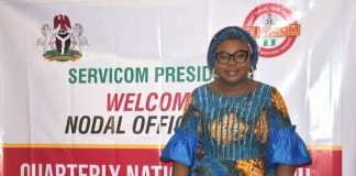 The Ag. National Coordinator/CEO of the SERVICOM Office, Mrs. Helen Lawal poses for a photograph during the 2nd Quarter National Council of Nodal Officers Meeting at the Conference Hall of the Federal Capital Development Administration (FCDA), Abuja, on 18th June 2026