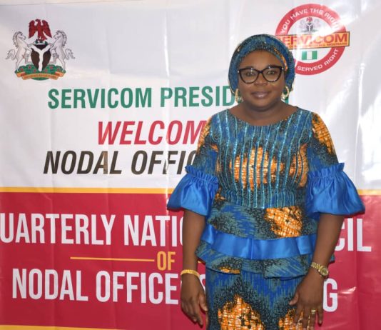 The Ag. National Coordinator/CEO of the SERVICOM Office, Mrs. Helen Lawal poses for a photograph during the 2nd Quarter National Council of Nodal Officers Meeting at the Conference Hall of the Federal Capital Development Administration (FCDA), Abuja, on 18th June 2026