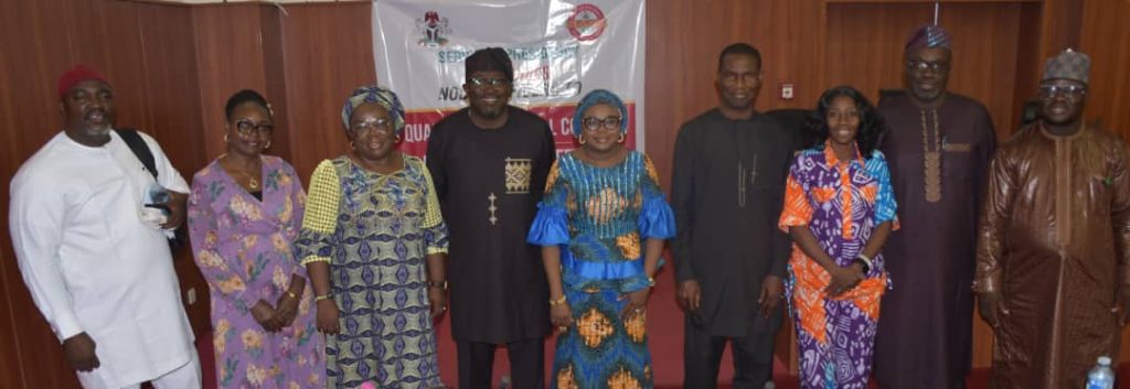 The Ag. National Coordinator/CEO of the SERVICOM Office, Mrs. Helen Lawal in a group photograph with SERVICOM Heads of Units during the 2nd Quarter National Council of Nodal Officers Meeting at the Conference Hall of the Federal Capital Development Administration (FCDA), Abuja, on 18th June 2026