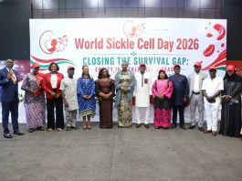 (C) Permanent Secretary, Federal Ministry of Health and Social Welfare Daju Kachollom S. mni, representing the Coordinating Minister of Health and Social Welfare, Professor Muhammad Ali Pate flanked by right is Professor, Obiageli Nnodu, Special Adviser to the Honourable Minister of Health and Social Welfare on Sickle Cell Disease and by left is Dr. Charles Nzelu, Director, Public Health Department FMOHSW at 2026 World Sickle Cell Disease Day