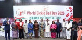 (C) Permanent Secretary, Federal Ministry of Health and Social Welfare Daju Kachollom S. mni, representing the Coordinating Minister of Health and Social Welfare, Professor Muhammad Ali Pate flanked by right is Professor, Obiageli Nnodu, Special Adviser to the Honourable Minister of Health and Social Welfare on Sickle Cell Disease and by left is Dr. Charles Nzelu, Director, Public Health Department FMOHSW at 2026 World Sickle Cell Disease Day