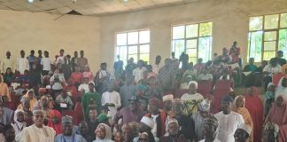 The Minister of State for Agriculture and Food Security and Supervising Minister of Cooperative Affairs, Sen Dr Aliyu Sabi Abdullahi (C) , other stakeholders and Students of Federal Cooperative College, Kaduna State during the Summit.