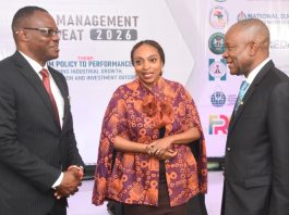 Pic 2. From left: Permanent Secretary, Federal Ministry of Industry, Trade and Investment (FMITI), Dr. Chris Osa Isokpunwu; Minister, Jumoke Oduwole and Minister of State FMITI, Sen. John Enoh, during a Top Management Retreat for Directors,DG's/ CEO'S of the agencies under FMITI in Abuja on Monday (22/6/2026).