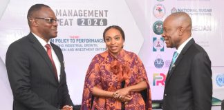 Pic 2. From left: Permanent Secretary, Federal Ministry of Industry, Trade and Investment (FMITI), Dr. Chris Osa Isokpunwu; Minister, Jumoke Oduwole and Minister of State FMITI, Sen. John Enoh, during a Top Management Retreat for Directors,DG's/ CEO'S of the agencies under FMITI in Abuja on Monday (22/6/2026).