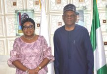The Ag. National Coordinator/CEO of the SERVICOM Office, Mrs. Helen Lawal and the Executive Secretary of the Tertiary Education Trust Fund (TETFUND) Arc. Sonny S. T. Echono (FNIA) posed for a photograph during the retreat which was held in Abuja on 23rd June, 2026.