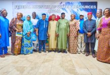 The Honourable Minister of Water Resources and Sanitation, Engr. Prof. Joseph Terlumun Utsev, FNSE (6th right), accompanied by the Director Overseeing the Office of the Permanent Secretary, Engr. Ali Ibrahim Dallah (6th left), and other technical Directors of the Ministry, today received the National President of the Nigerian Association of Hydrogeologists, Mrs. Fashe-Adam Francisca (5th right), and her delegation in his office in Abuja. Discussions focused on strengthening technical collaboration in water resources management and advancing food security initiatives as critical drivers of national development.
