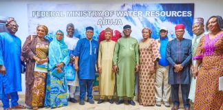 The Honourable Minister of Water Resources and Sanitation, Engr. Prof. Joseph Terlumun Utsev, FNSE (6th right), accompanied by the Director Overseeing the Office of the Permanent Secretary, Engr. Ali Ibrahim Dallah (6th left), and other technical Directors of the Ministry, today received the National President of the Nigerian Association of Hydrogeologists, Mrs. Fashe-Adam Francisca (5th right), and her delegation in his office in Abuja. Discussions focused on strengthening technical collaboration in water resources management and advancing food security initiatives as critical drivers of national development.