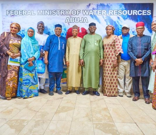 The Honourable Minister of Water Resources and Sanitation, Engr. Prof. Joseph Terlumun Utsev, FNSE (6th right), accompanied by the Director Overseeing the Office of the Permanent Secretary, Engr. Ali Ibrahim Dallah (6th left), and other technical Directors of the Ministry, today received the National President of the Nigerian Association of Hydrogeologists, Mrs. Fashe-Adam Francisca (5th right), and her delegation in his office in Abuja. Discussions focused on strengthening technical collaboration in water resources management and advancing food security initiatives as critical drivers of national development.