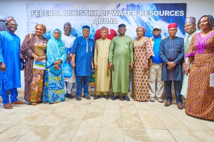 The Honourable Minister of Water Resources and Sanitation, Engr. Prof. Joseph Terlumun Utsev, FNSE (6th right), accompanied by the Director Overseeing the Office of the Permanent Secretary, Engr. Ali Ibrahim Dallah (6th left), and other technical Directors of the Ministry, today received the National President of the Nigerian Association of Hydrogeologists, Mrs. Fashe-Adam Francisca (5th right), and her delegation in his office in Abuja. Discussions focused on strengthening technical collaboration in water resources management and advancing food security initiatives as critical drivers of national development.