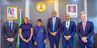 L-R: Richard Hodder, Global Head, Export Agency Finance, Citibank, Nneka Enwereji, Managing Director, Citibank Nigeria, Honourable Minister of Marine and Blue Economy, H.E Dr. Adegboyega Oyetola, Oyetola, CON, Akin Dawodu, Citibank Sub-Cluster and Banking Head for Sub-Saharan Africa, Babjide Manuwa, Relationship Manager, Citibank and Anthony Lenihan, Director, Export and Agency Finance, Sub-Saharan Africa, Citibank after a courtesy call on the Minister in Abuja.