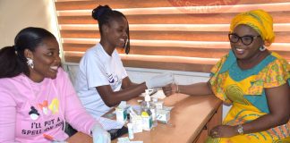 The Ag. National Coordinator/CEO Mrs. Helen Lawal checking her vital signs during the health awareness talk and check organized by the SERVICOM Office at the Conference Room of the organisation in Abuja today 25th June, 2026.