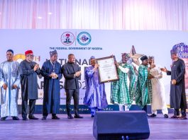 *INFORMATION MINISTER HONOURED FOR ADVANCING MSME AND JOB CREATION INITIATIVES UNDER THE RENEWED HOPE AGENDA* (L–R) Director-General, National Broadcasting Commission (NBC), Mr. Charles Ebuebu; Mr. Abdulmalik Muye; Executive Secretary/Chief Executive Officer, Nigerian Press Council (NPC), Dr. Dili Ezughah; Director-General, News Agency of Nigeria (NAN), Malam Ali Muhammad Ali; Director-General/Chief Executive Officer, Small and Medium Enterprises Development Agency of Nigeria (SMEDAN), Mr. Charles Odii; Honourable Minister of Information and National Orientation, Mohammed Idris, fnipr; Representative of the Vice President of the Federal Republic of Nigeria and Deputy Chief of Staff to the President (Office of the Vice President), Senator Ibrahim Hassan Hadejia; Senior Special Assistant to the President on MSMEs and Job Creation, Mr. Temitola Adekunle-Johnson; Director-General, Voice of Nigeria (VON), Mallam Jibrin Baba Ndace; and Director-General, Federal Radio Corporation of Nigeria (FRCN), Dr. Mohammed Bulama, during the presentation of a Certificate of Commendation to the Honourable Minister in recognition of his support for the MSME and Job Creation Sector at the 2026 National MSME Awards and the Public Presentation of the Compendium of Activities under the Renewed Hope Agenda, held at the State House Conference Centre, Abuja, on June 27, 2026. Photo: Khalid Ahmed/FMINO.