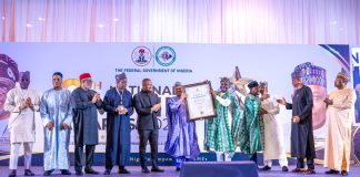 *INFORMATION MINISTER HONOURED FOR ADVANCING MSME AND JOB CREATION INITIATIVES UNDER THE RENEWED HOPE AGENDA* (L–R) Director-General, National Broadcasting Commission (NBC), Mr. Charles Ebuebu; Mr. Abdulmalik Muye; Executive Secretary/Chief Executive Officer, Nigerian Press Council (NPC), Dr. Dili Ezughah; Director-General, News Agency of Nigeria (NAN), Malam Ali Muhammad Ali; Director-General/Chief Executive Officer, Small and Medium Enterprises Development Agency of Nigeria (SMEDAN), Mr. Charles Odii; Honourable Minister of Information and National Orientation, Mohammed Idris, fnipr; Representative of the Vice President of the Federal Republic of Nigeria and Deputy Chief of Staff to the President (Office of the Vice President), Senator Ibrahim Hassan Hadejia; Senior Special Assistant to the President on MSMEs and Job Creation, Mr. Temitola Adekunle-Johnson; Director-General, Voice of Nigeria (VON), Mallam Jibrin Baba Ndace; and Director-General, Federal Radio Corporation of Nigeria (FRCN), Dr. Mohammed Bulama, during the presentation of a Certificate of Commendation to the Honourable Minister in recognition of his support for the MSME and Job Creation Sector at the 2026 National MSME Awards and the Public Presentation of the Compendium of Activities under the Renewed Hope Agenda, held at the State House Conference Centre, Abuja, on June 27, 2026. Photo: Khalid Ahmed/FMINO.