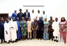 The Hon. Min., FMITI Dr. Jumoke Oduwole MFR, (6th right) the Hon. Min.of State (Industry) FMITI, Sen. John Owan Enoh, (5th left), the Perm. Sec. FMITI, Dr. Chris Osa Isokpunwu (5th right) , the Lagos State Commissioner for Commerce, Cooperatives, Trade, and Investment, Hon. Folashade Ambrose-Medebem (4th left), the Kaduna State Commissioner for Commerce and Industry, Hon. Patience Fakai, (4th right) Edo State Commissioner for Business, Trade and Investment, Hon. Omoh Anabor (3rd right), Sokoto State Commissioner for Commerce, Trade and Industry, Hon. Haruna Abbas Bashir, ( 3rd right), Cross River State Commissioner for Commerce, Hon. Dr. Abigail Duke Orok (1st right) and other State Commissioners of Commerce, Trade and Investment in a group photograph after their meeting in Abuja on Monday 29/6/26.